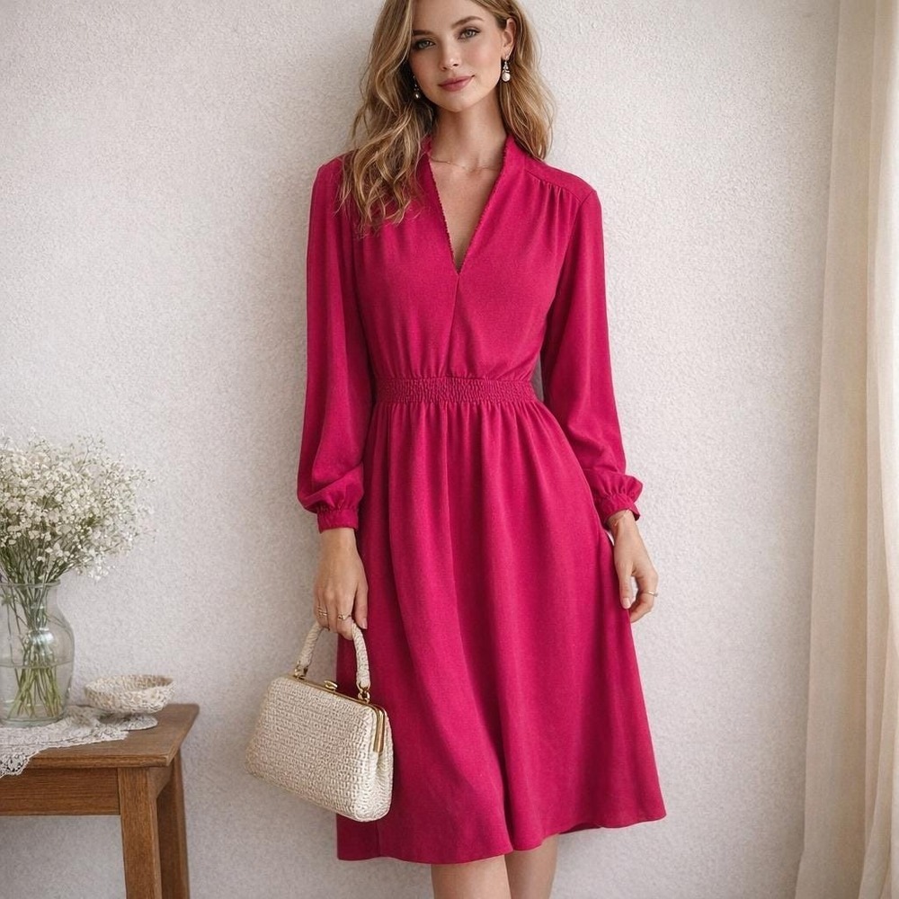 Vintage 70s Magenta‎ Pink Midi Dress ILGWU Union Made Retro Mod Lehigh Dress S